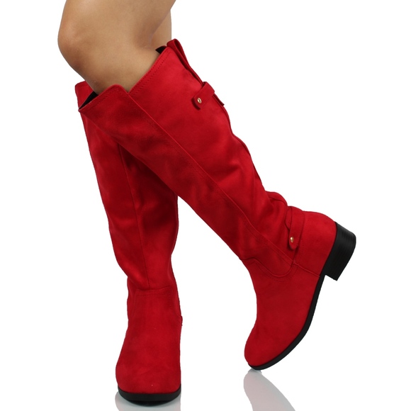 Red faux suede pull on tab knee high boot - Picture 3 of 8